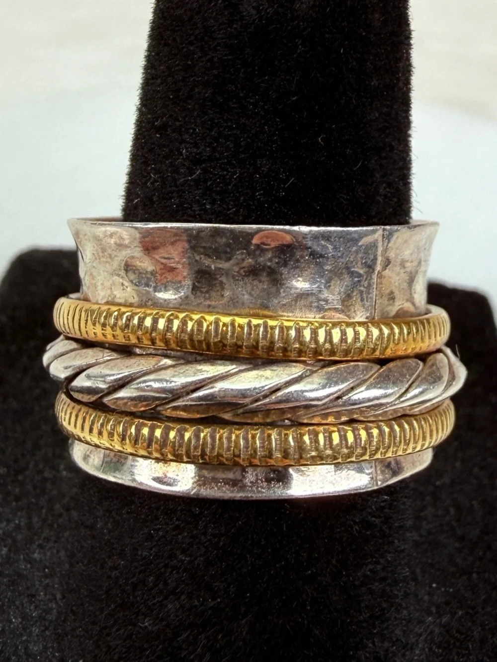 Vintage aged stamped 925 silver and bronze stone wideband spinner ring sz 7 3/4